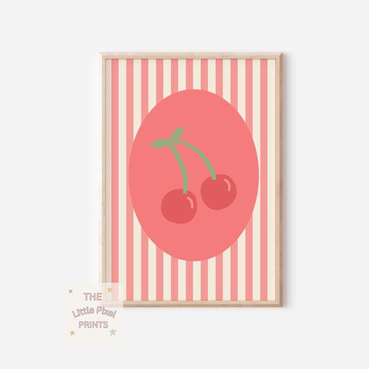 striped pink cherry wall print for home,  childrens nursery, bedroom or playroom