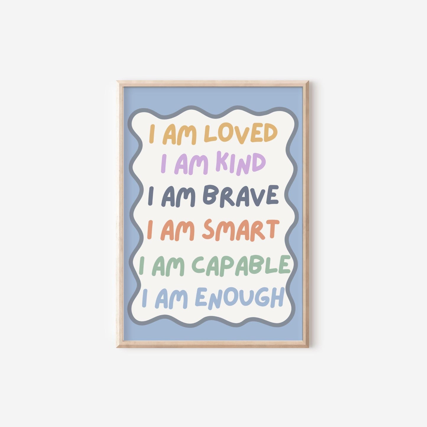 childrens affirmation wall print for bedroom or nursery, i am loved i am kind i am enough