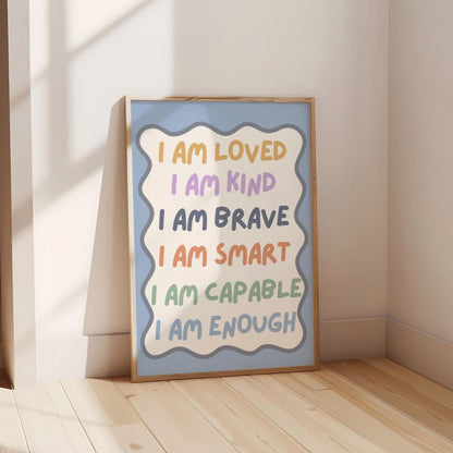 childrens affirmation wall print for bedroom or nursery, i am loved i am kind i am enough
