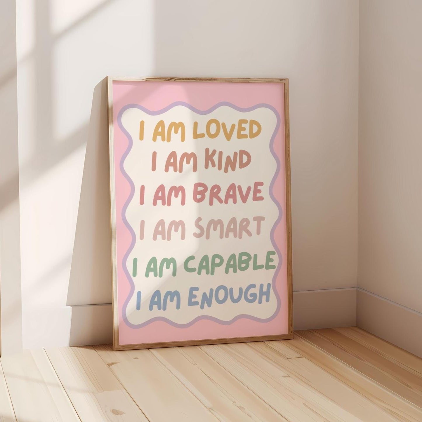 childrens affirmation wall print for bedroom or nursery, i am loved i am kind i am enough