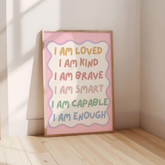 childrens affirmation wall print for bedroom or nursery, i am loved i am kind i am enough