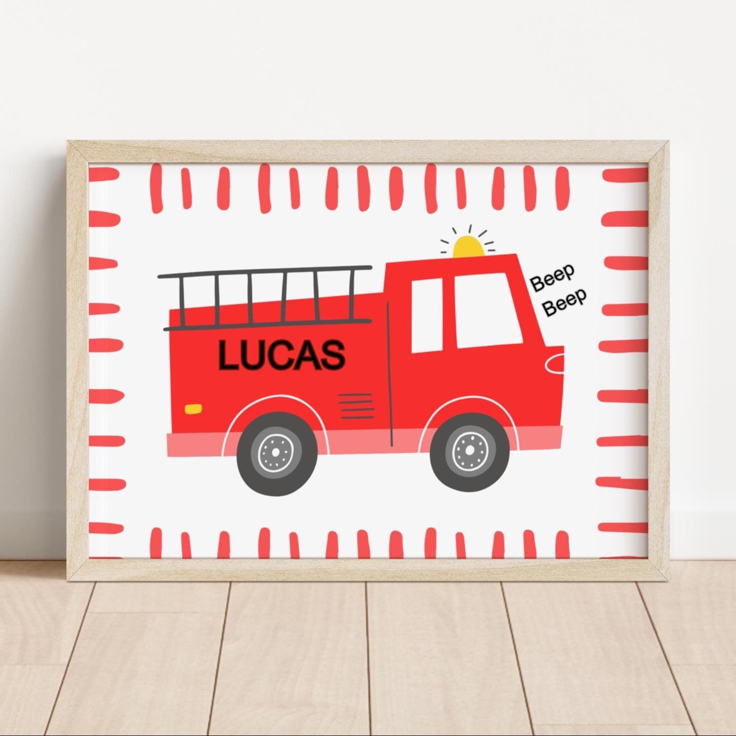 personalised fire truck engine vehicle wall print for childrens bedroom, nursery or playroom