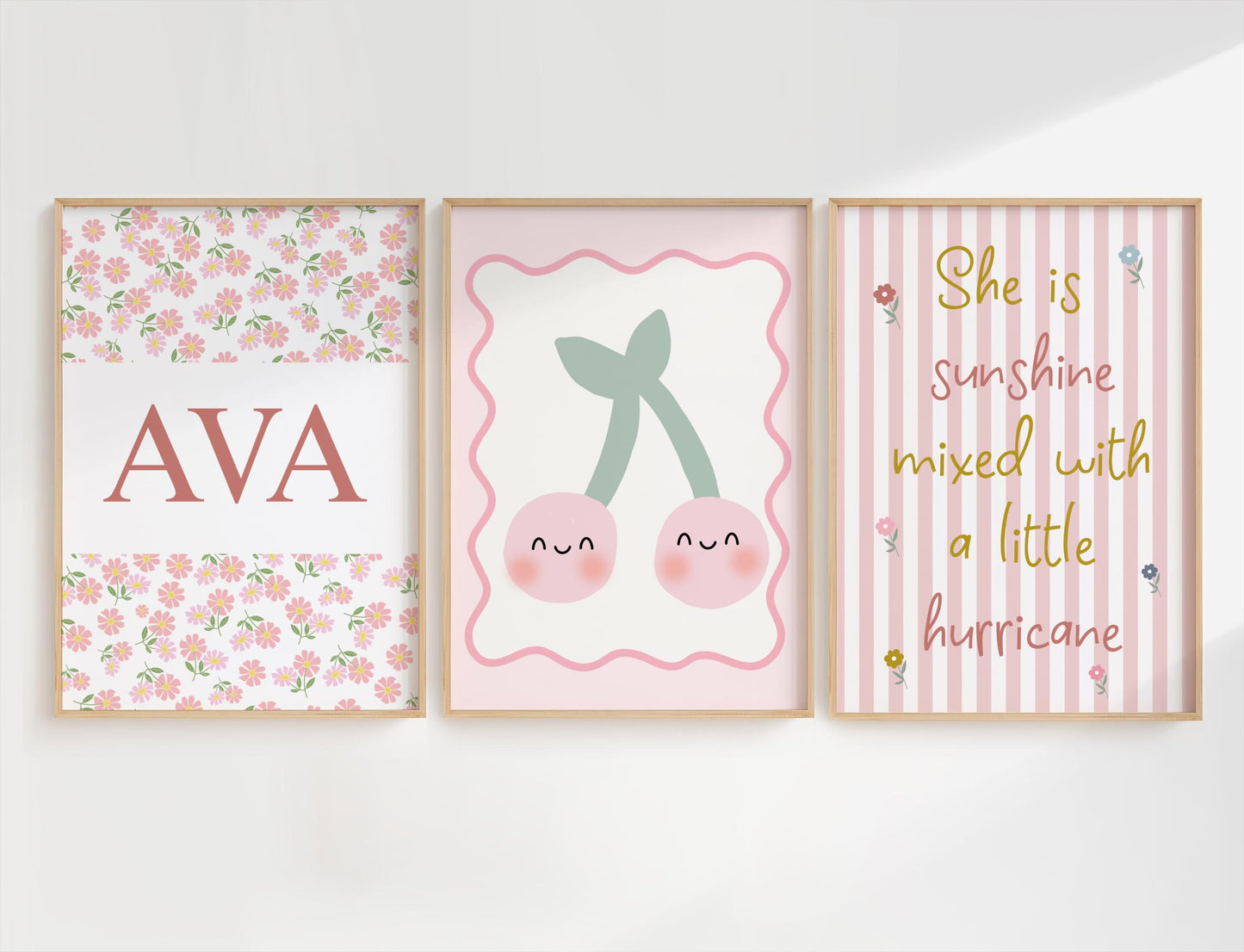 Personalized Girl's Nursery Print Set: Sunshine & Hurricane Quote, Cherry Art