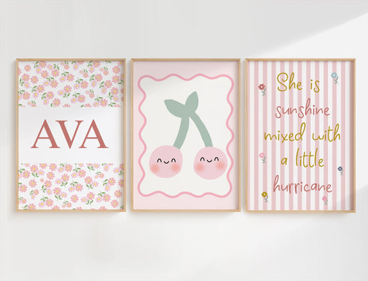 Personalized Girl's Nursery Print Set: Sunshine & Hurricane Quote, Cherry Art