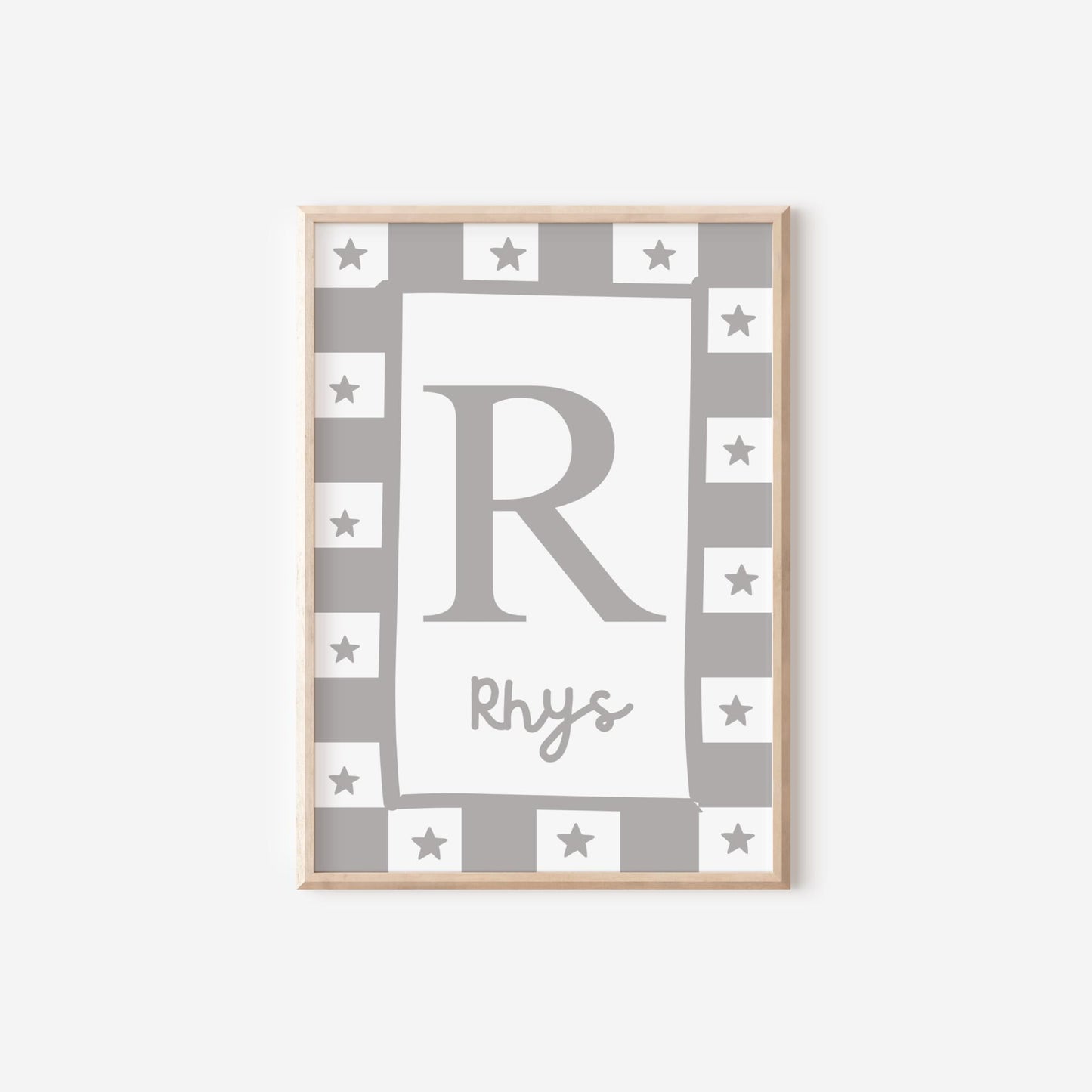 grey star personalised initial wall print for childrens bedroom, nursery or playroom