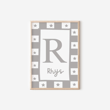 grey star personalised initial wall print for childrens bedroom, nursery or playroom