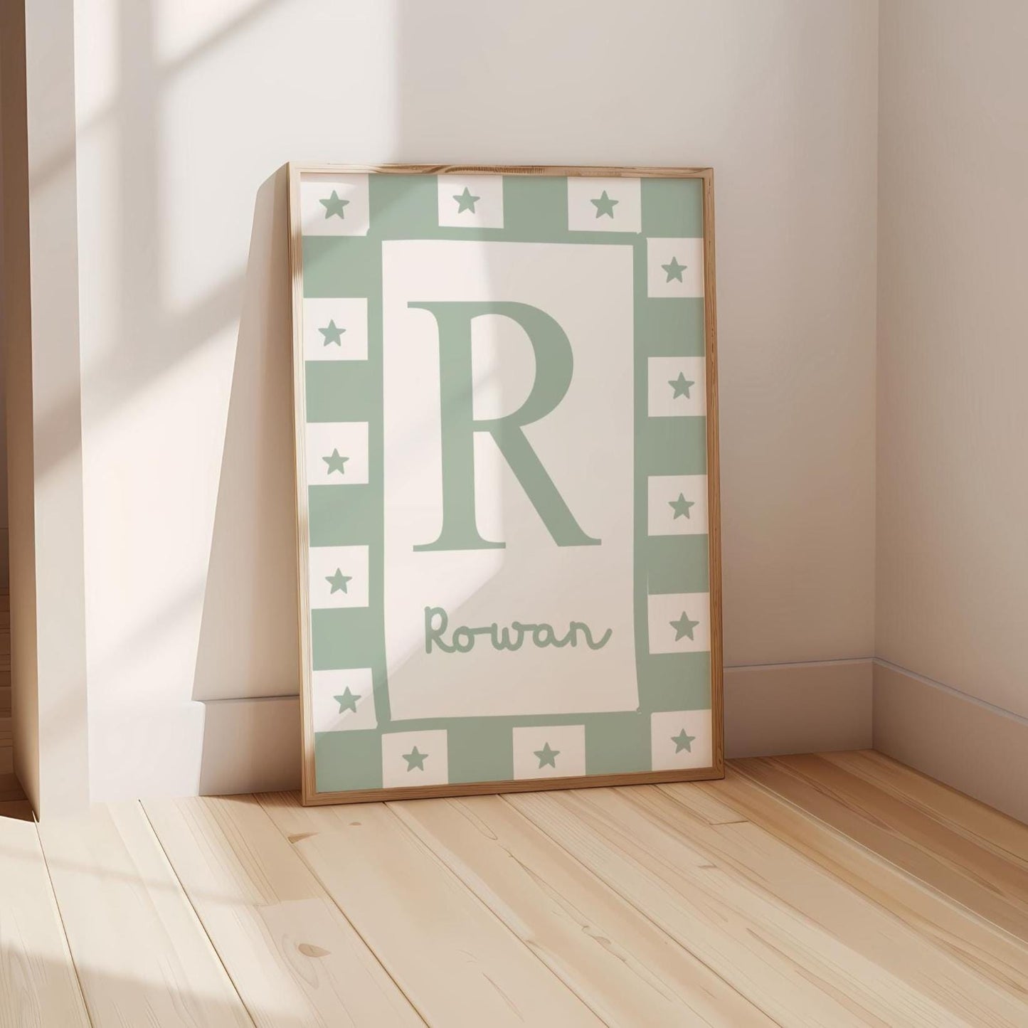 childrens green initial and name pink star wall print for bedroom, nursery or playroom