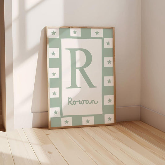 childrens green initial and name pink star wall print for bedroom, nursery or playroom