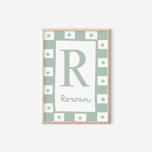 childrens initial and name pink star wall print for bedroom, nursery or playroom