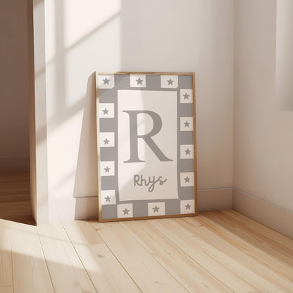 childrens initial and name pink star wall print for bedroom, nursery or playroom
