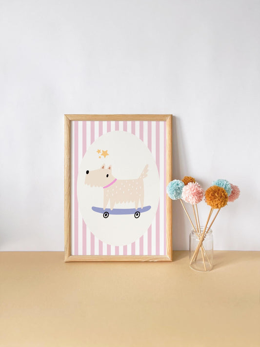 cool dog on skateboard childrens wall print for nursery, playroom or bedroom
