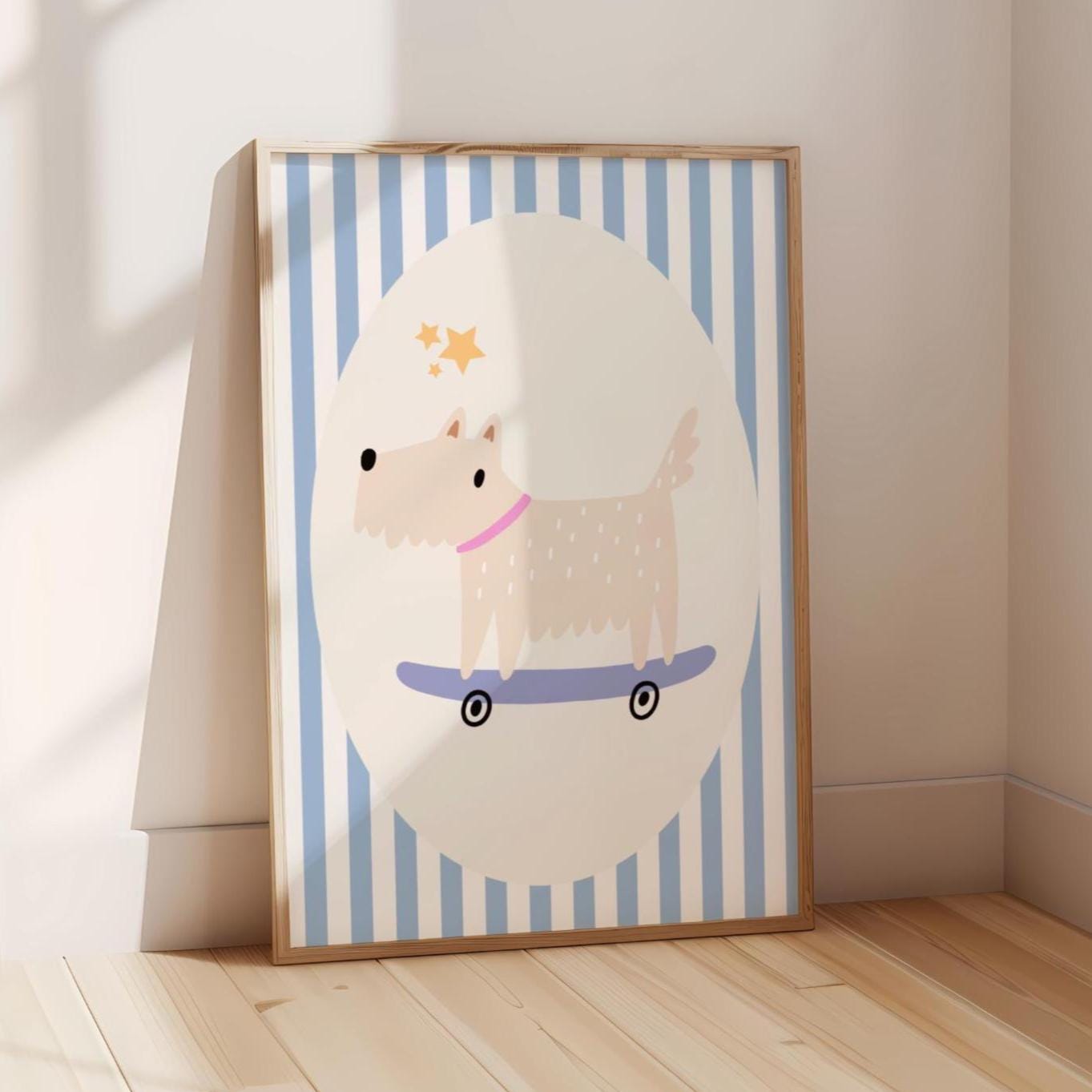 cool dog on skateboard childrens wall print for nursery, playroom or bedroom