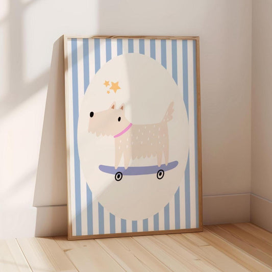 cool dog on skateboard childrens wall print for nursery, playroom or bedroom