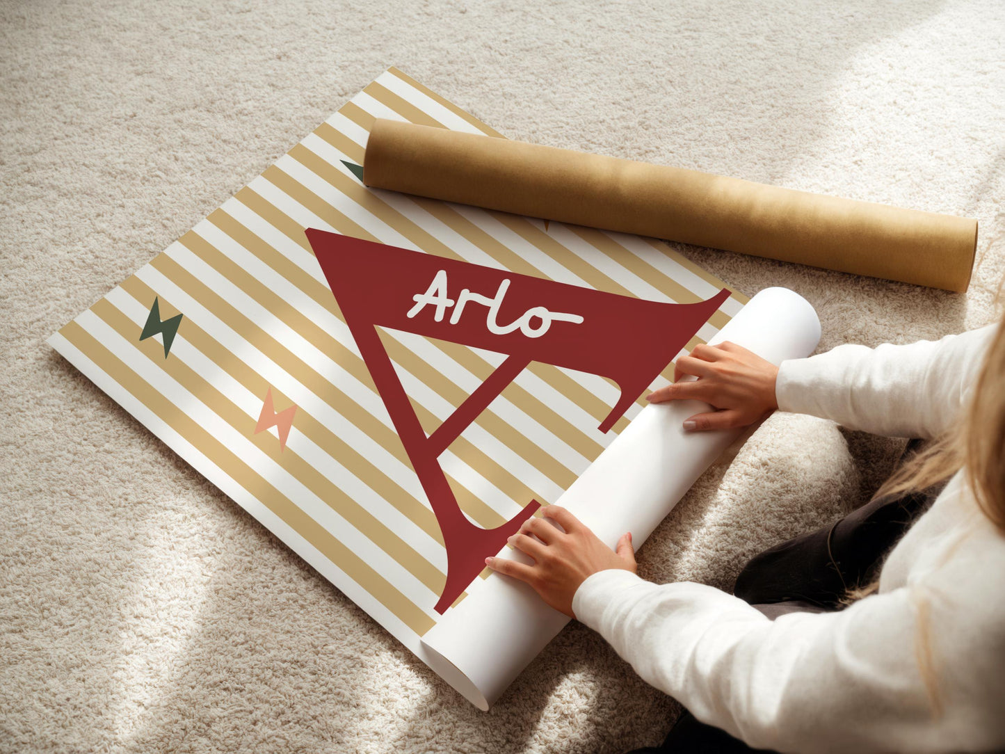 childrens initial and name neutral wall print for bedroom, nursery or playroom