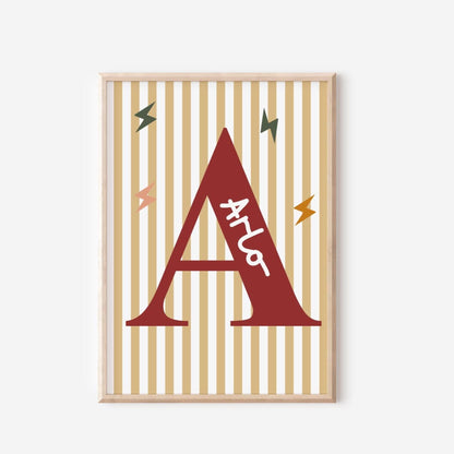 childrens initial and name neutral wall print for bedroom, nursery or playroom