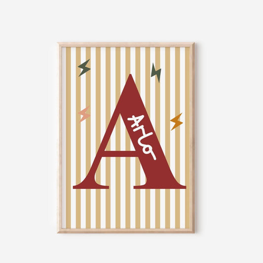 childrens initial and name neutral wall print for bedroom, nursery or playroom