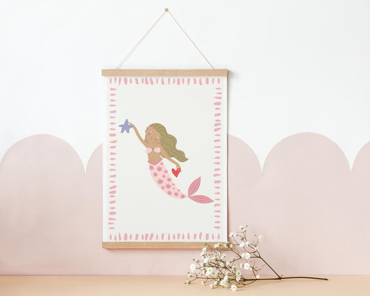 scandi mermaid with shell and heart for girls bedroom, nursery or playroom