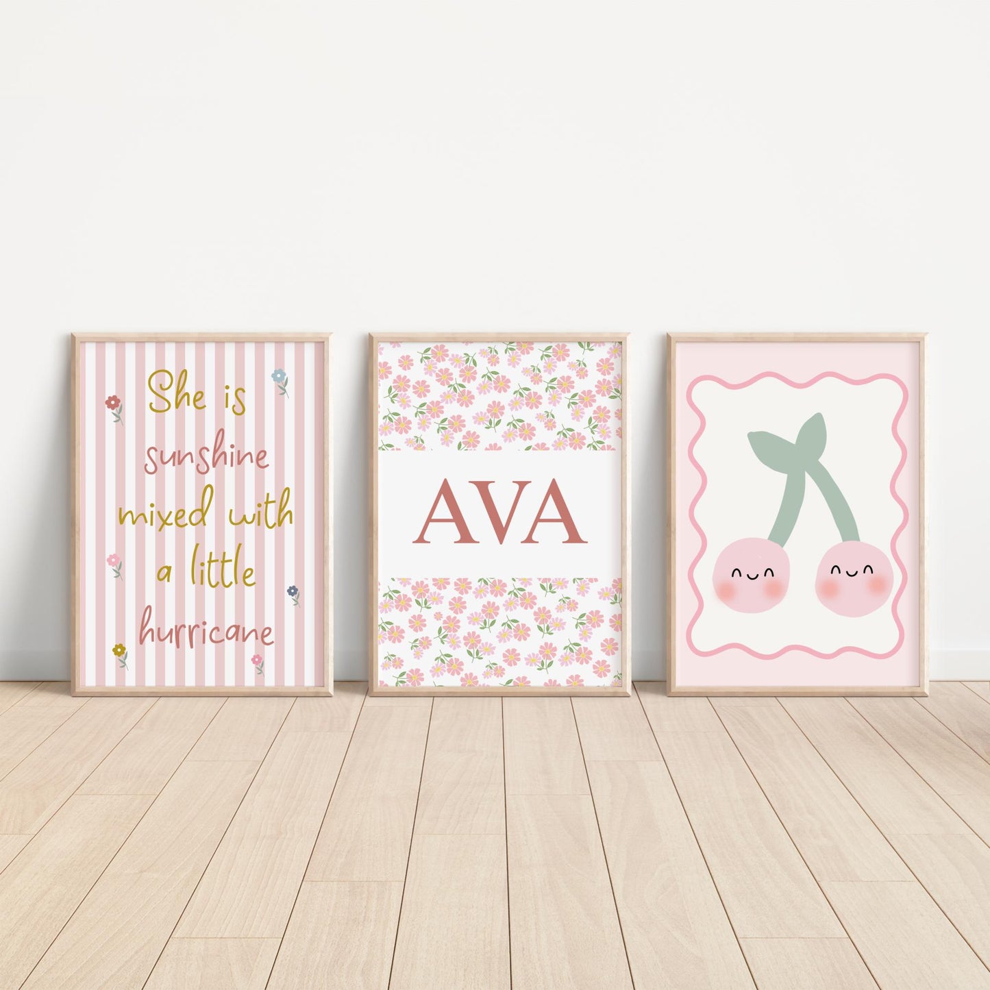 Personalized Girl's Nursery Print Set: Sunshine & Hurricane Quote, Cherry Art