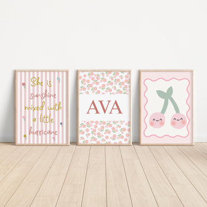 Personalized Girl's Nursery Print Set: Sunshine & Hurricane Quote, Cherry Art
