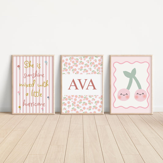 Personalized Girl's Nursery Print Set: Sunshine & Hurricane Quote, Cherry Art