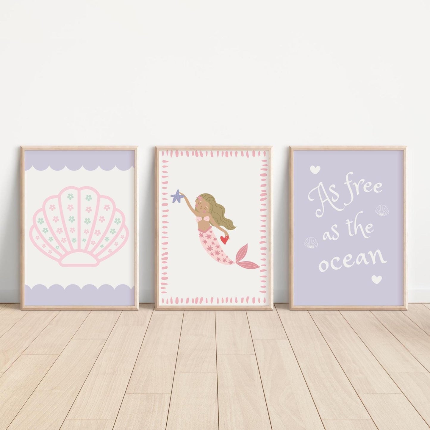 as free as the ocean mermaid and shells print set for girls bedroom or nursery