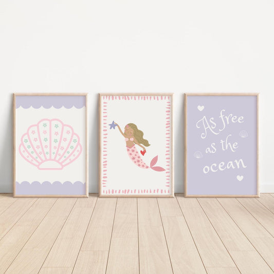 as free as the ocean mermaid and shells print set for girls bedroom or nursery