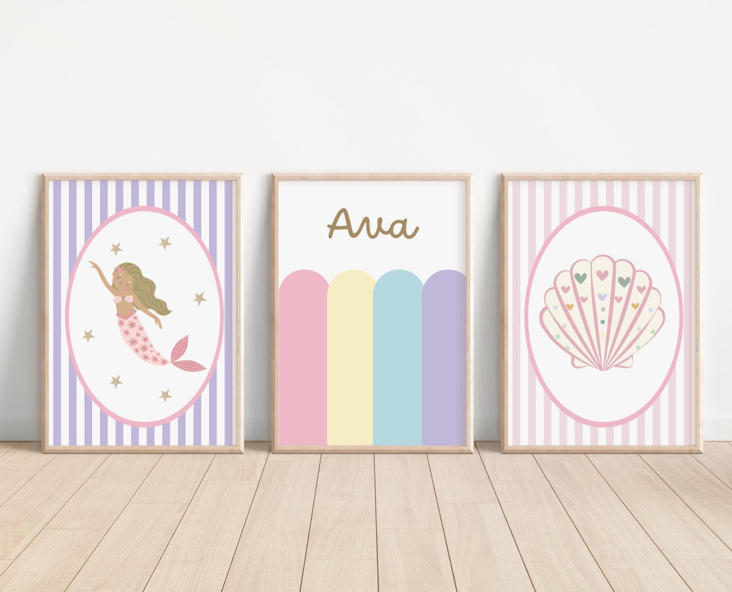 girls wall print set with personalised print and bright pastel mermaid theme