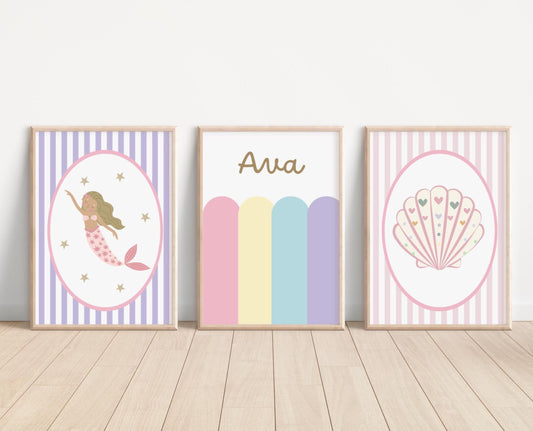 girls wall print set with personalised print and bright pastel mermaid theme