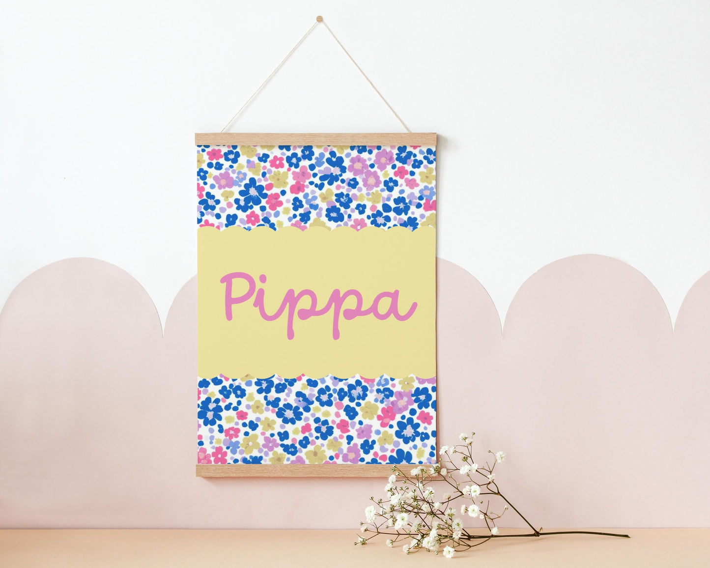 girls floral personalised name wall print for girls bedroom, playroom or nursery