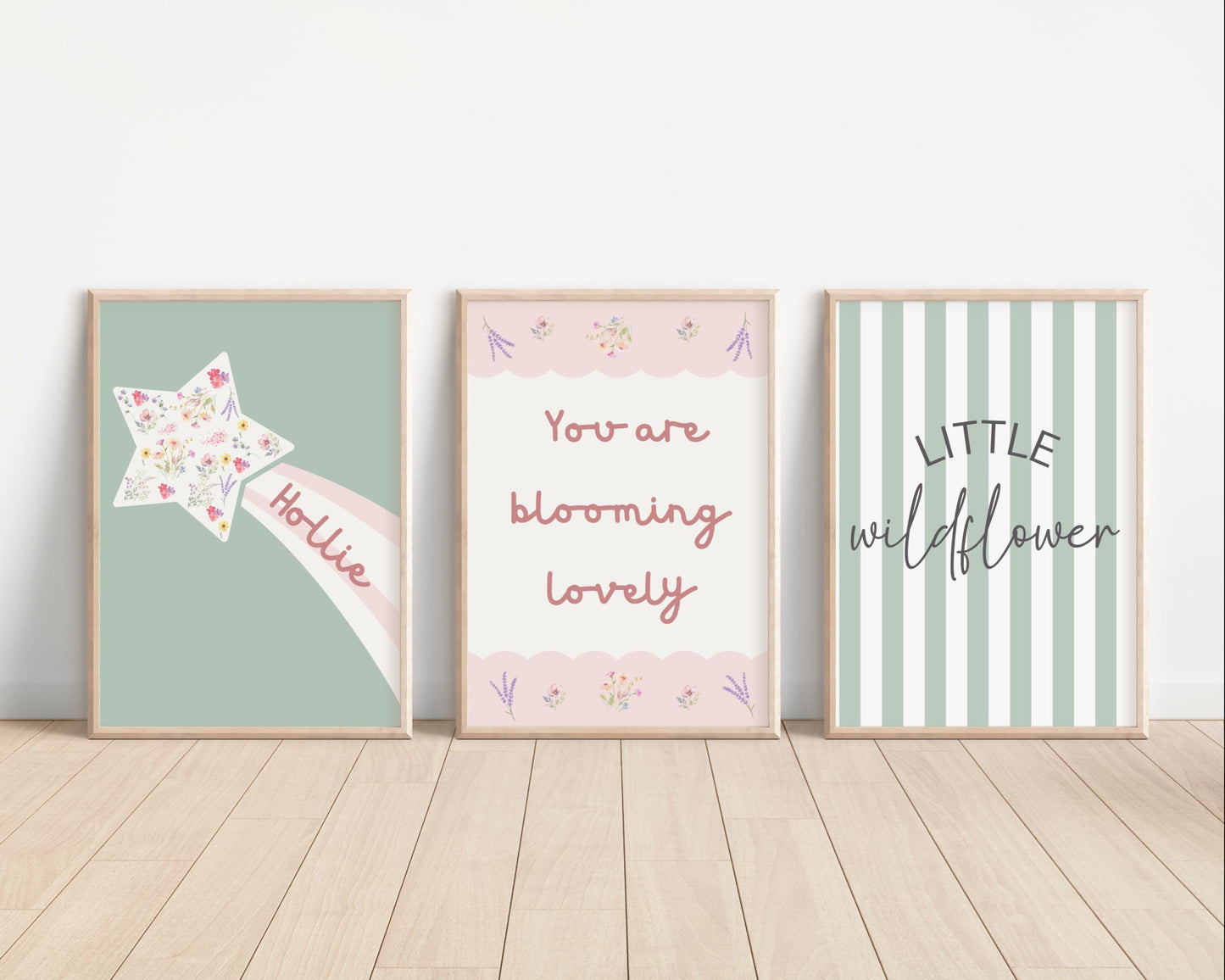 Personalized Floral Star Girls Room Print Set: Sage Green & Pink Nursery Decor