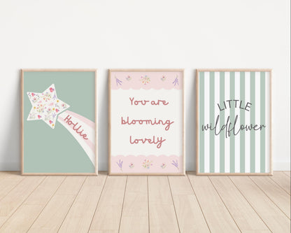 Personalized Floral Star Girls Room Print Set: Sage Green & Pink Nursery Decor