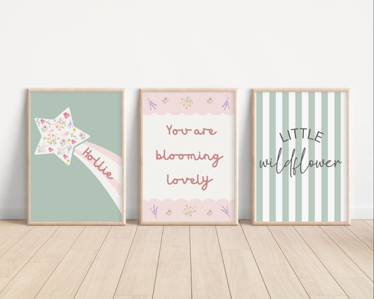 Personalized Floral Star Girls Room Print Set: Sage Green & Pink Nursery Decor