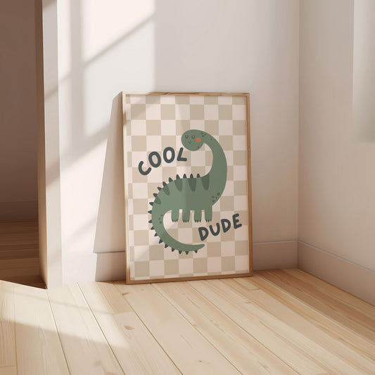 neutral checkered scandi dinosaur wall print for childrens bedroom, nursery or playroom