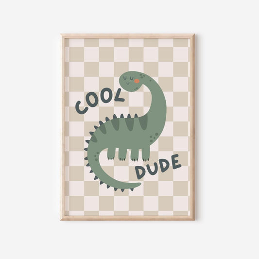 neutral checkered scandi dinosaur wall print for childrens bedroom, nursery or playroom