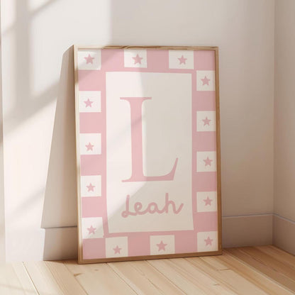 childrens initial and name pink star wall print for bedroom, nursery or playroom