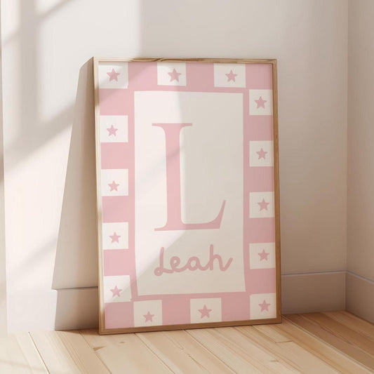 childrens initial and name pink star wall print for bedroom, nursery or playroom
