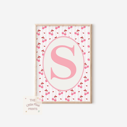 personalised initial girls cherry wall print for bedroom, nursery or playroom