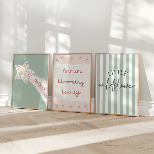 Personalized Floral Star Girls Room Print Set: Sage Green & Pink Nursery Decor