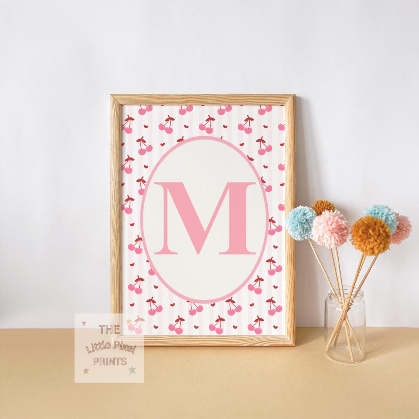 personalised initial girls cherry wall print for bedroom, nursery or playroom