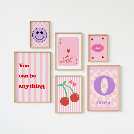 Gallery personalised preppy pink retro wall set for girls bedroom, set of 6 prints