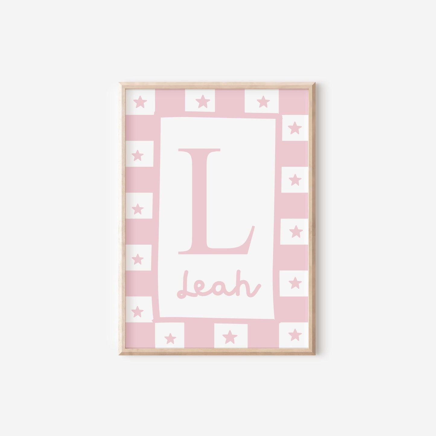 childrens initial and name pink star wall print for bedroom, nursery or playroom