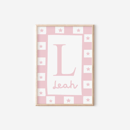 childrens initial and name pink star wall print for bedroom, nursery or playroom