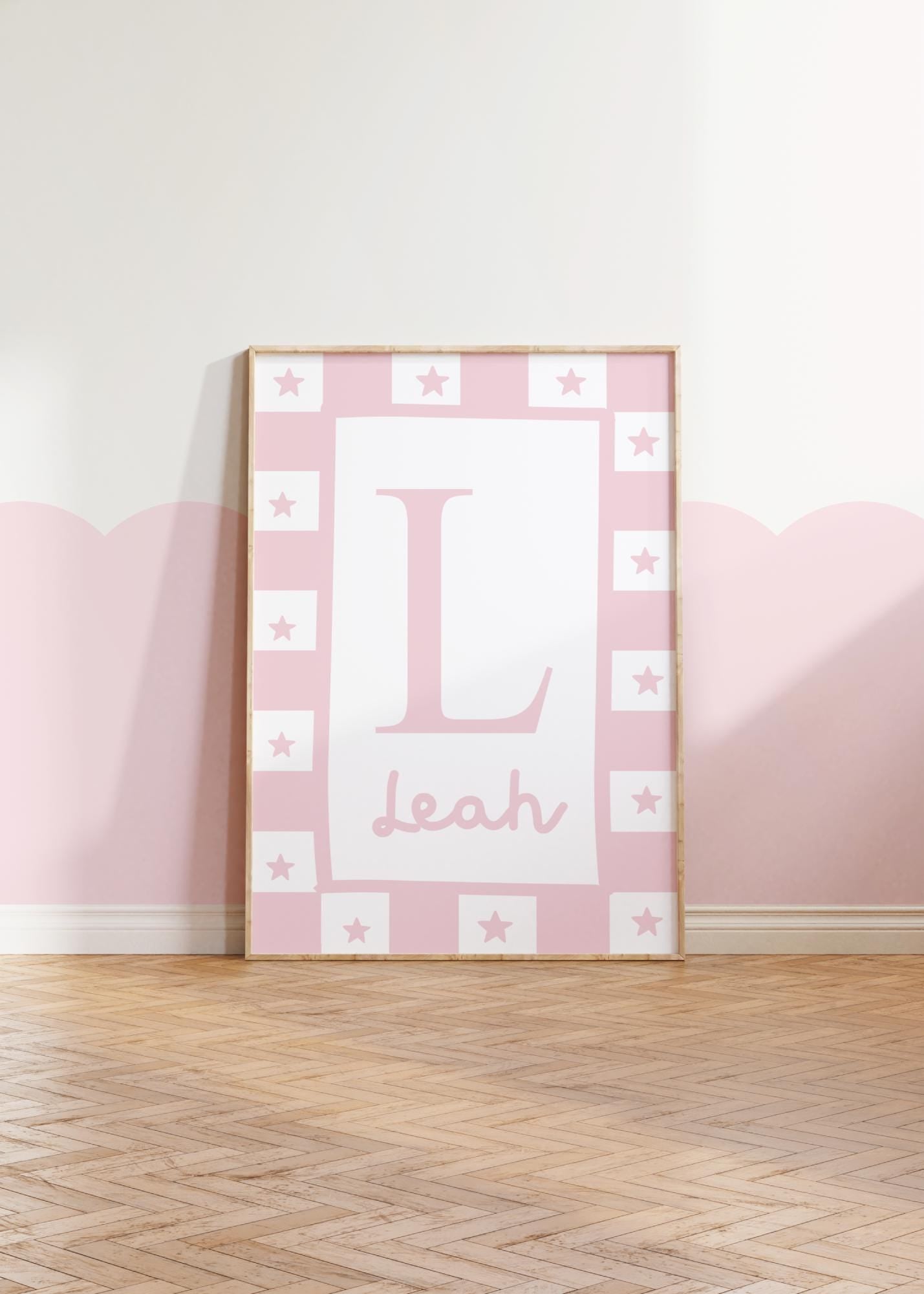 childrens initial and name pink star wall print for bedroom, nursery or playroom