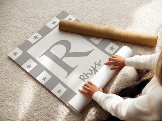 grey star personalised initial wall print for childrens bedroom, nursery or playroom