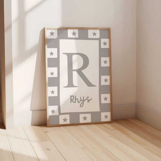 grey star personalised initial wall print for childrens bedroom, nursery or playroom