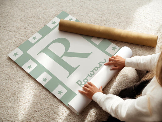 childrens green initial and name pink star wall print for bedroom, nursery or playroom