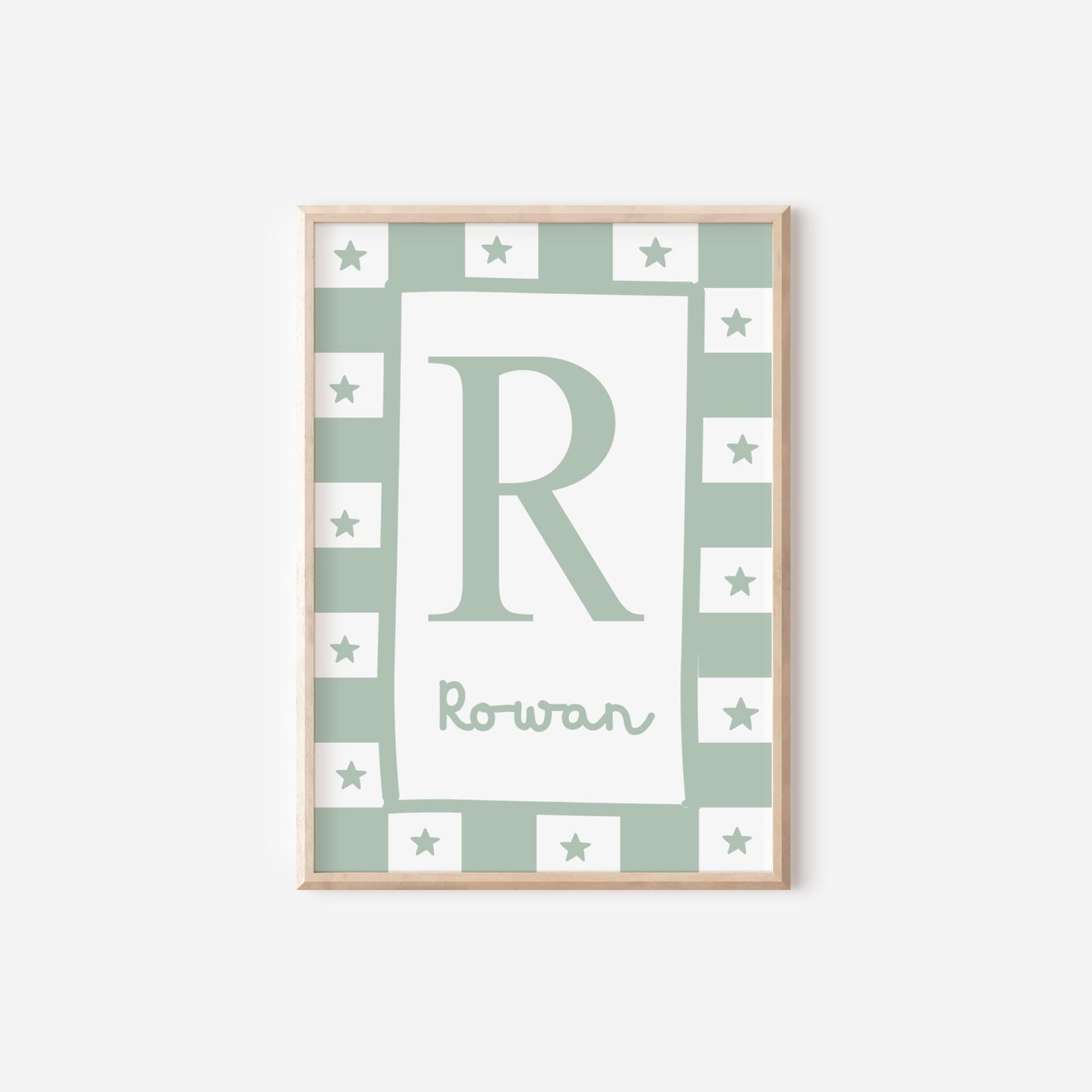 childrens green initial and name pink star wall print for bedroom, nursery or playroom