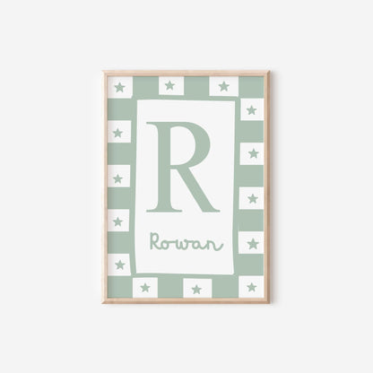 childrens green initial and name pink star wall print for bedroom, nursery or playroom