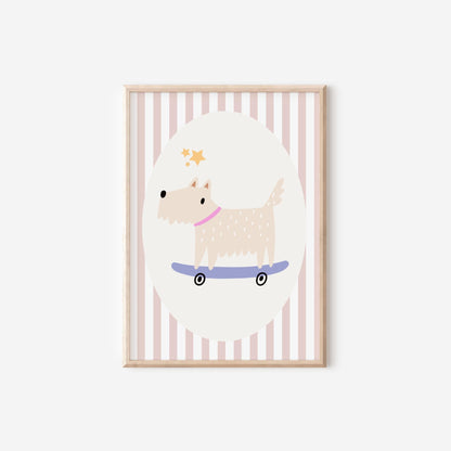 cool dog on skateboard childrens wall print for nursery, playroom or bedroom