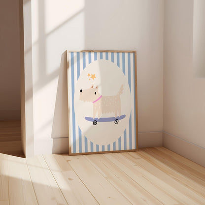 Dog on Skateboard Print, Nursery Playroom Wall Art